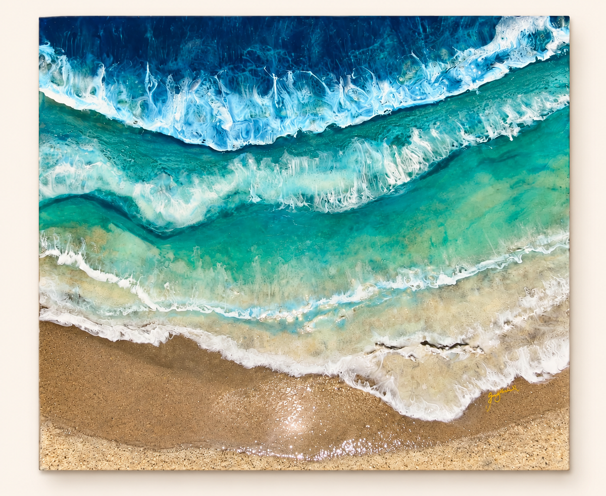 Barking Sands original resin ocean artwork by Judy McDonald against a warm ivory gallery background